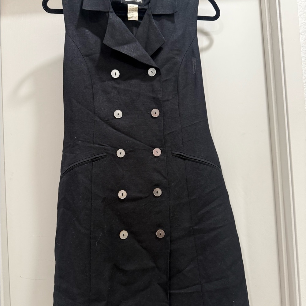 Vintage Black Double-Breasted Linen Mini Dress